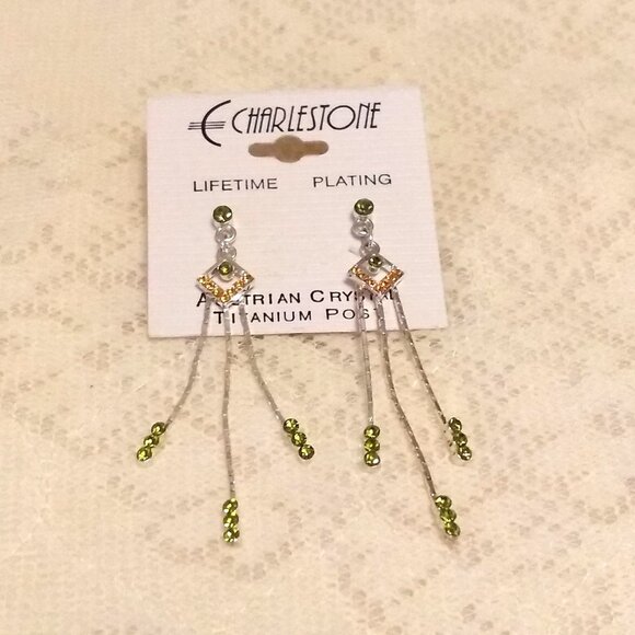 NEW Silver Plated Yellow & Green Crystal Long Drop Dangle Earrings Jewelry Gifts - Picture 1 of 5